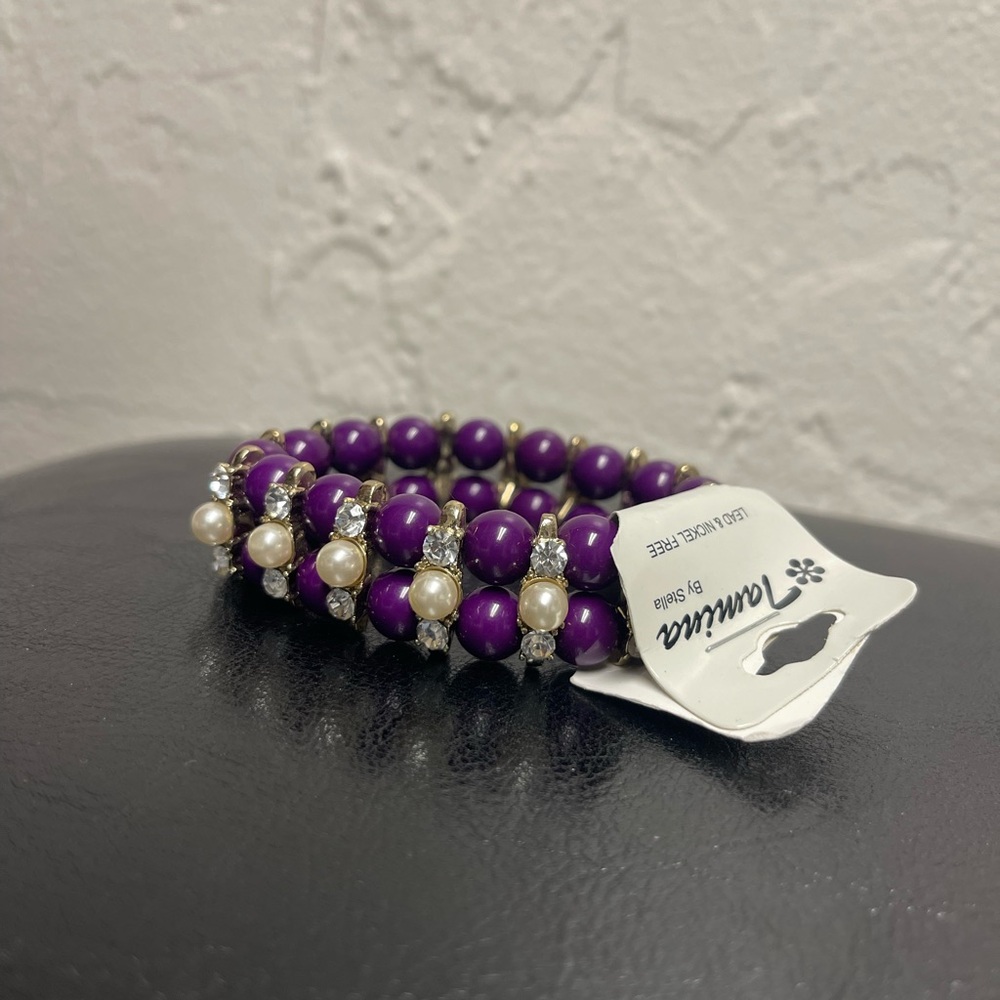 Elegant Purple Pearl and Diamond Beaded Bracelet